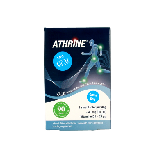 Athrine UC-II and Vitamin D3 multivitamin tablets in a bottle, dietary supplement for joint and bone health.