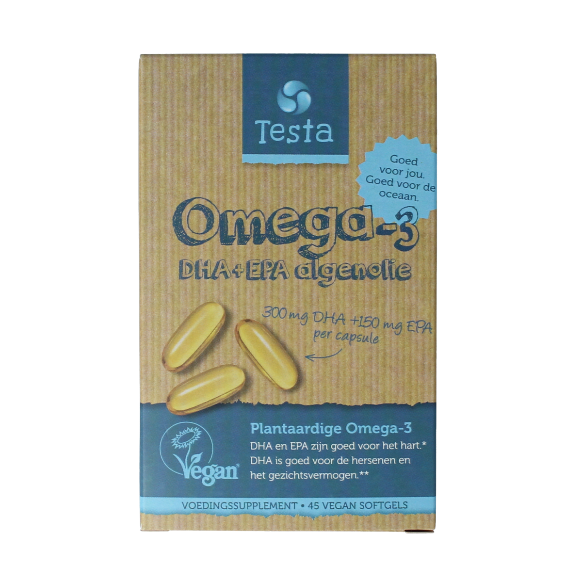 Testa Omega 3 algenolie softgels with 300mg DHA and 150mg EPA, vegan dietary supplement, close-up of softgel capsules.