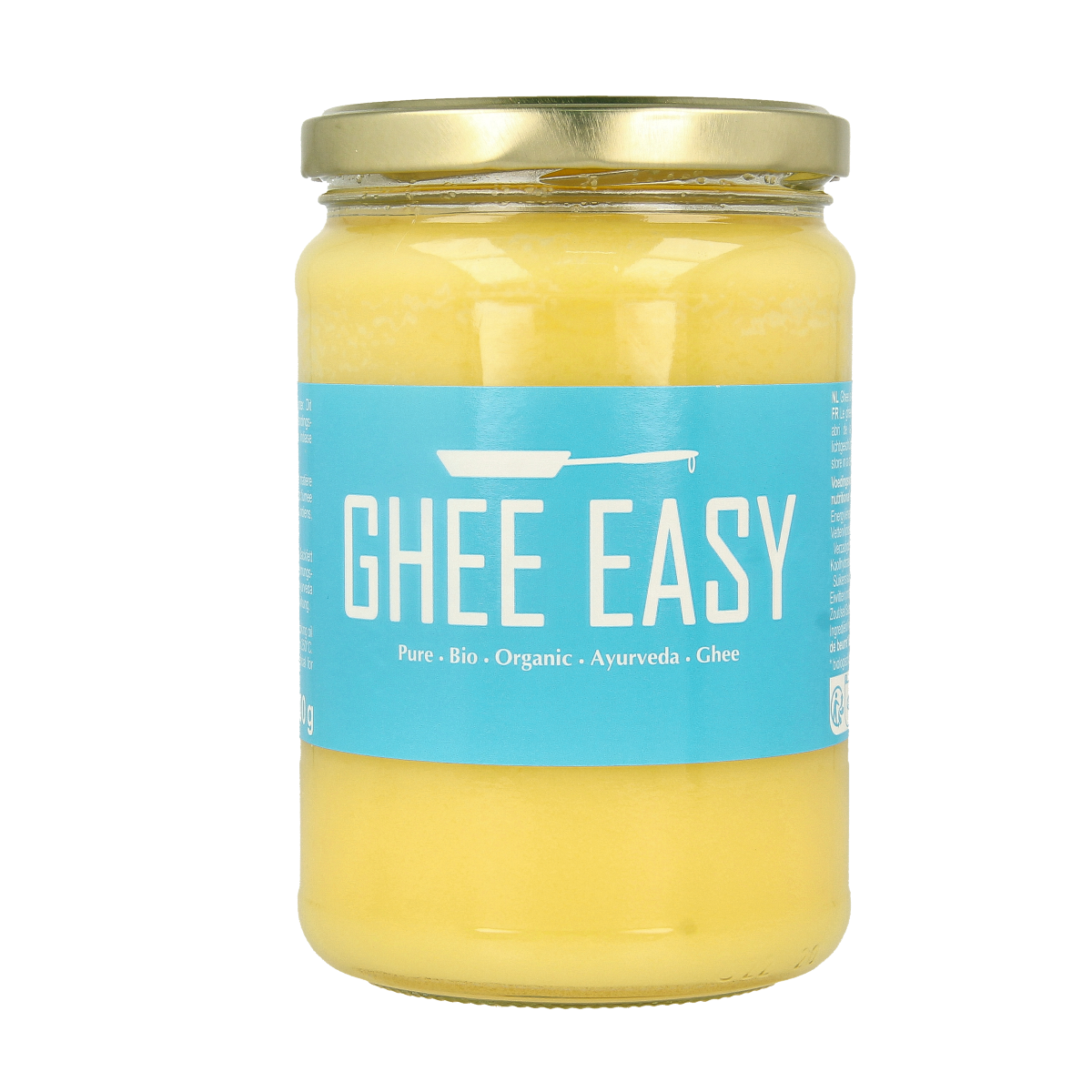 Ghee Easy natural organic ghee 500g jar, creamy texture, labeled packaging, in a kitchen setting, highlighting the product's authenticity