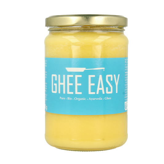 Ghee Easy natural organic ghee 500g jar, creamy texture, labeled packaging, in a kitchen setting, highlighting the product's authenticity