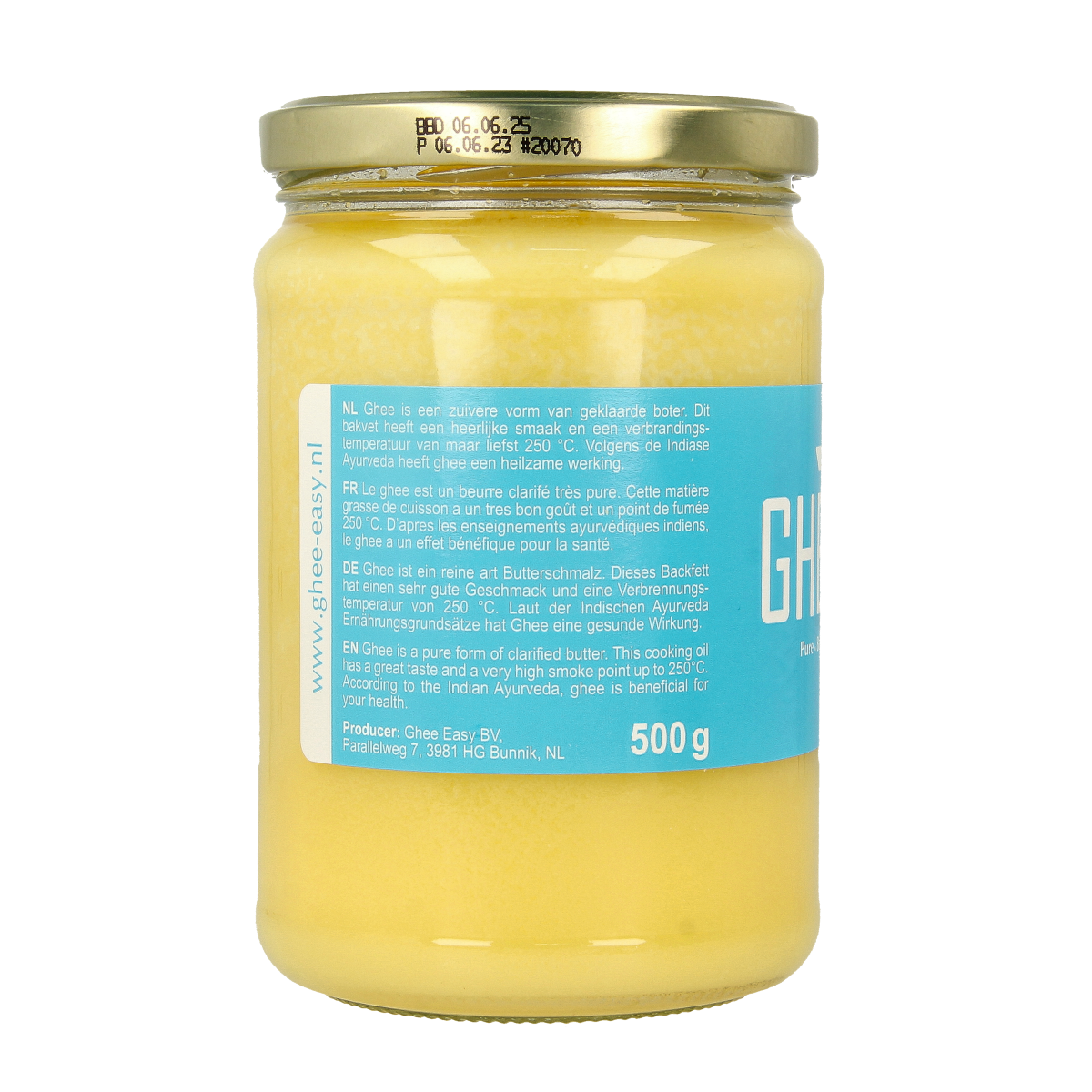 Organic Ghee Easy natural ghee in a 500g jar, made from high-quality dairy fat, shown in a clear container.