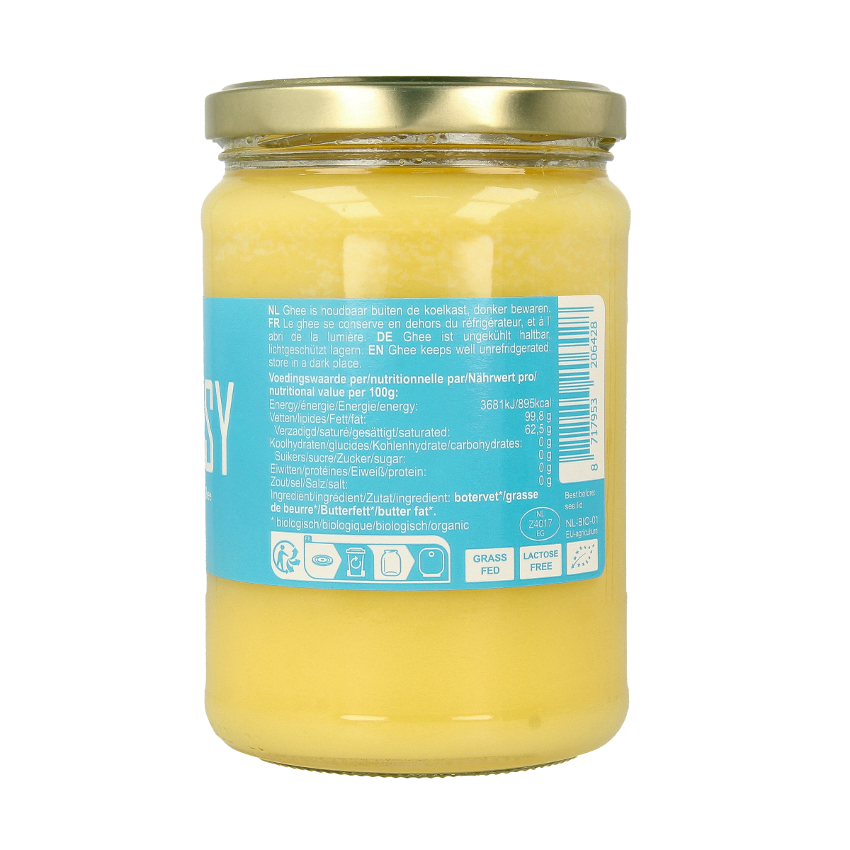 Glass jar of Ghee Easy bio natural ghee, 500g, showcasing smooth, golden clarified butter from the Ghee Easy brand.