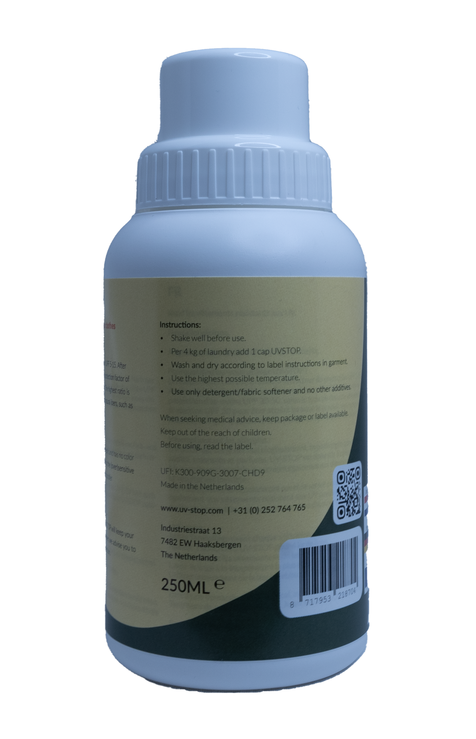 UN-Stop UV Stop laundry detergent bottle, 250ml, in a clear container with label, designed for effective cleaning and stain removal.