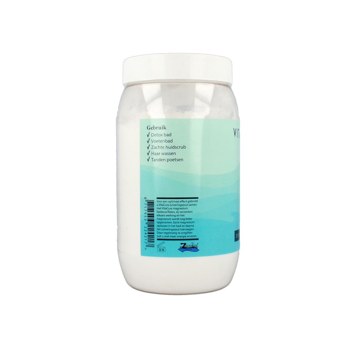 Vitacura bad en douche zuiveringszout in 1 kg container, natural cleaning product for bath and shower use.