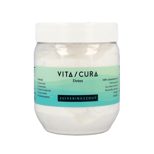 Vitacura bad en douche zuiveringszout 500g container with label and lid, ideal for personal care and cleaning.