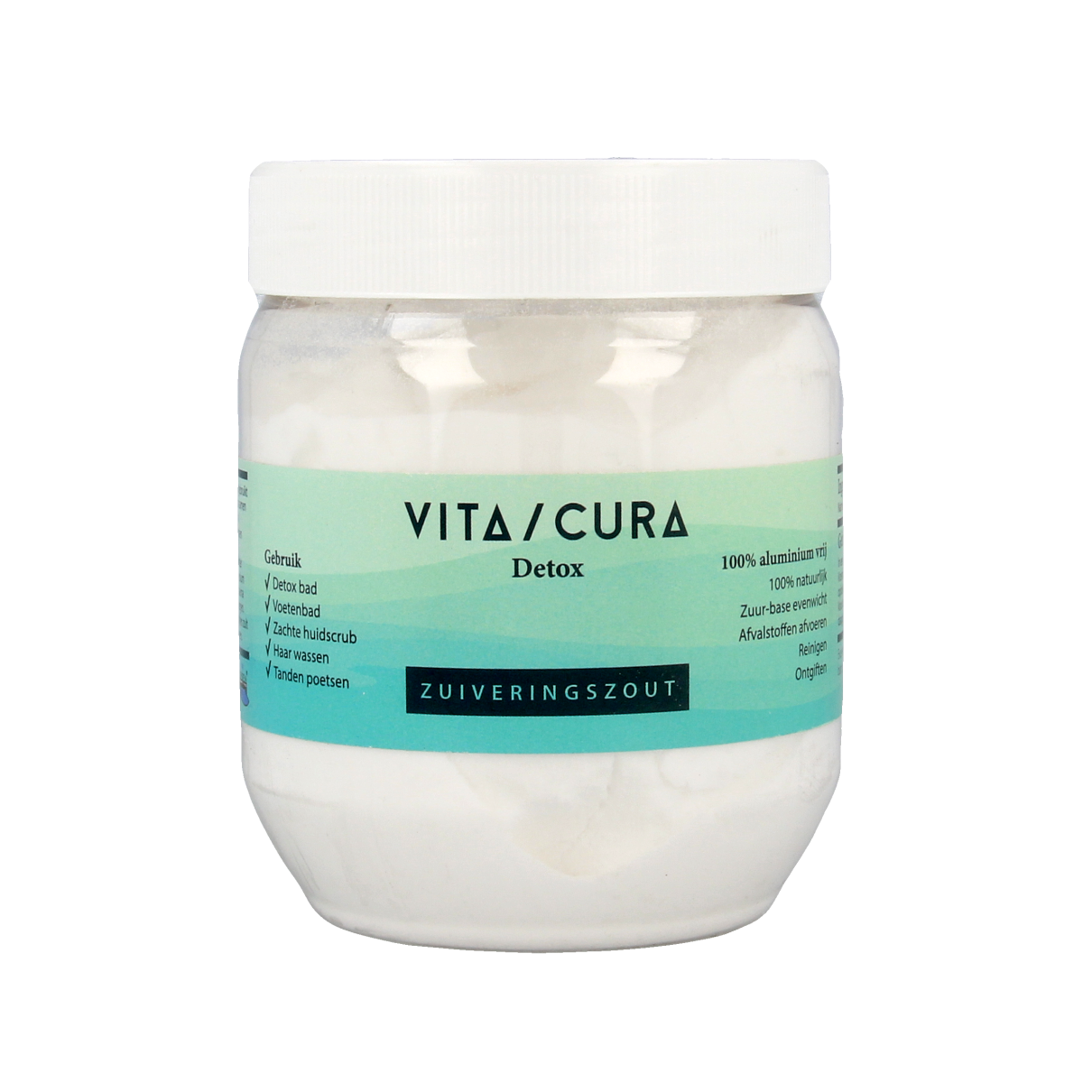 Vitacura baking soda for bath and shower, 500g, in a clear container, ready for use in personal care and cleaning routines.