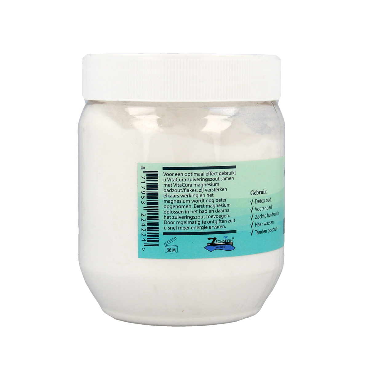 Vitacura bad en douche zuiveringszout 500g container, natural cleaning product for personal care and bathing routines.