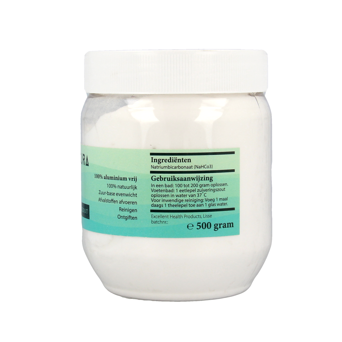 Vitacura baking soda in a 500g package, suitable for use in bath and shower routines, with a clear label and packaging.