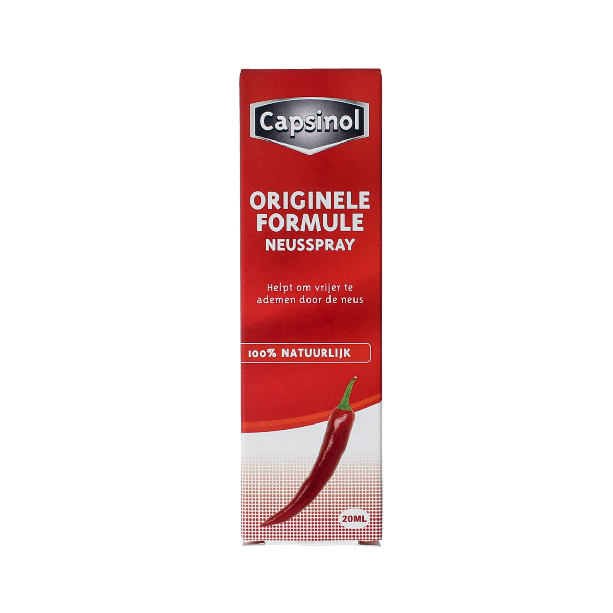 Capsinol original nasal spray bottle for nasal care and inhalation, 20ml, with a white nozzle and packaging.