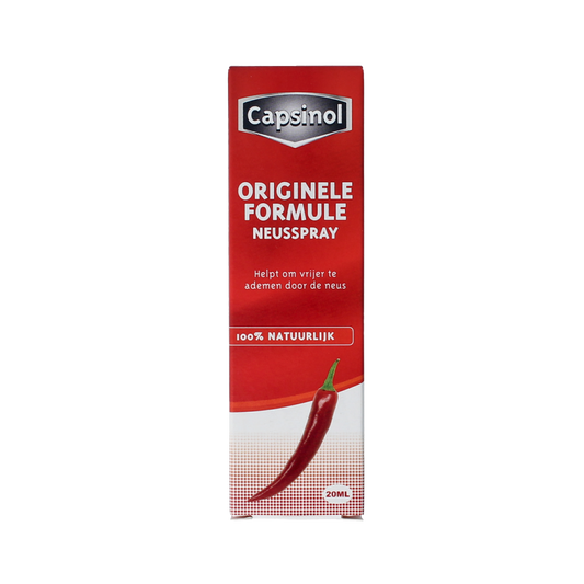 Capsinol original nasal spray bottle for nasal care and inhalation, 20ml, with a white nozzle and packaging.