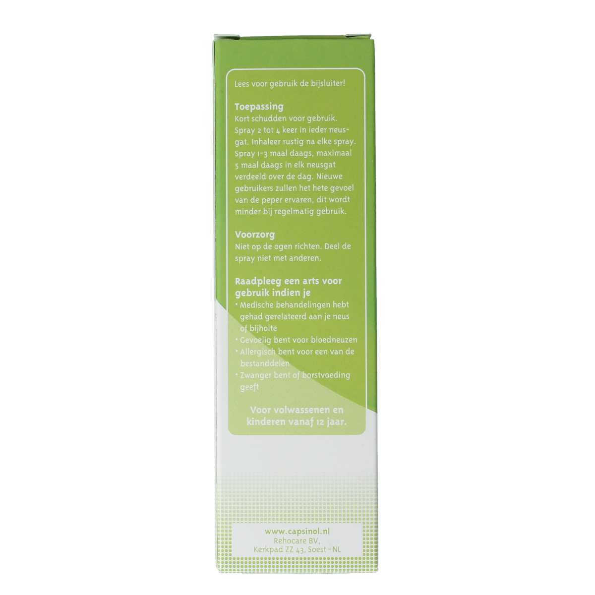 Capsinol Milde neusspray 20ml, nasal care and inhalation product, with a white spray bottle and nozzle for nasal application