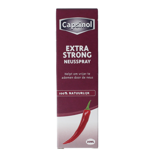 Capsinol Extra strong nasal spray bottle for nasal care and inhalation, 20ml, with a white and blue spray nozzle.