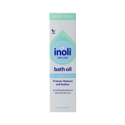Inoli Badolie intensief vettend 200ml bottle, part of Luiers en Doekjes line, with a white and blue label and pump dispenser.