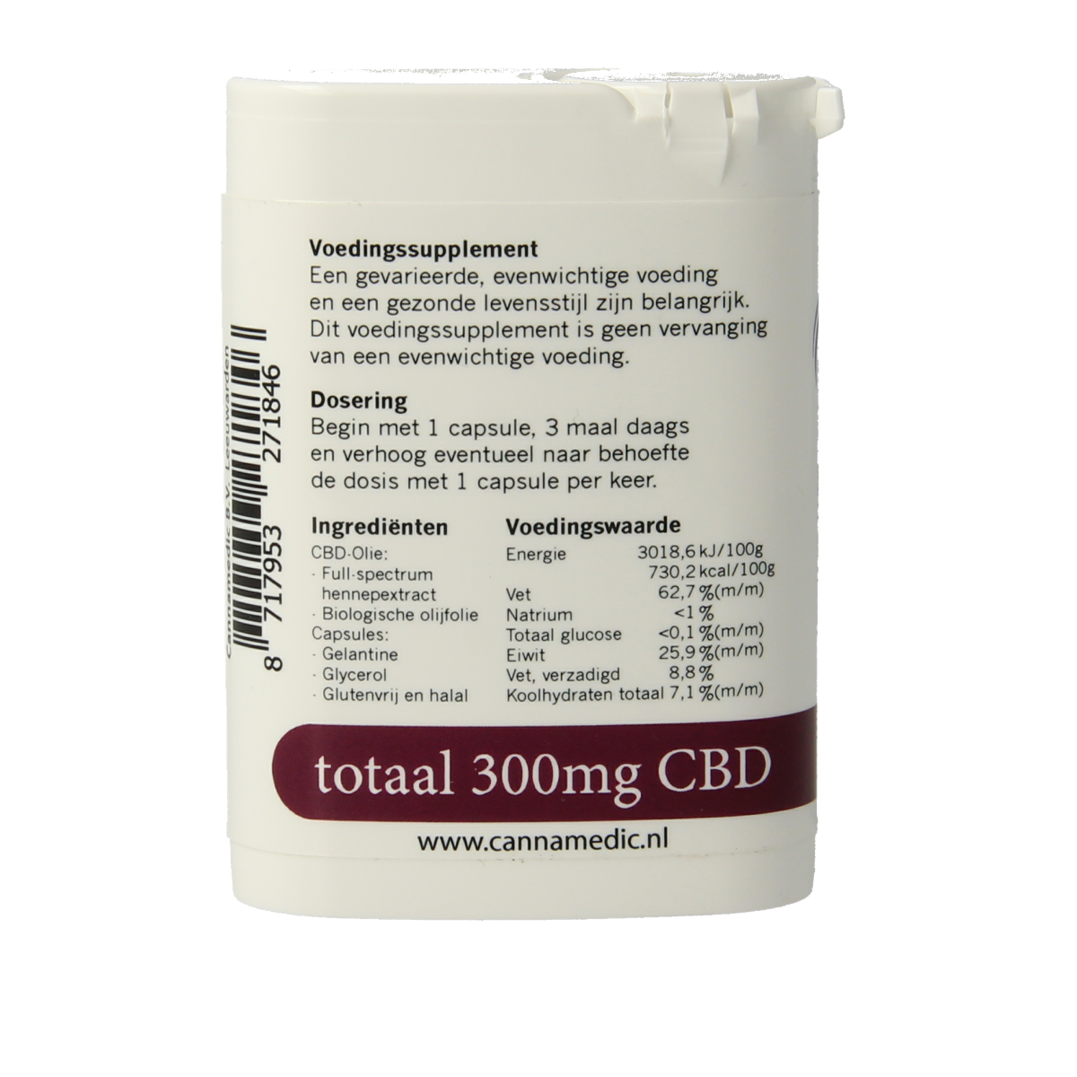 Cannamedic CBD capsules 3mg bottle with 100 capsules, herbal supplement in a clear container, plain background