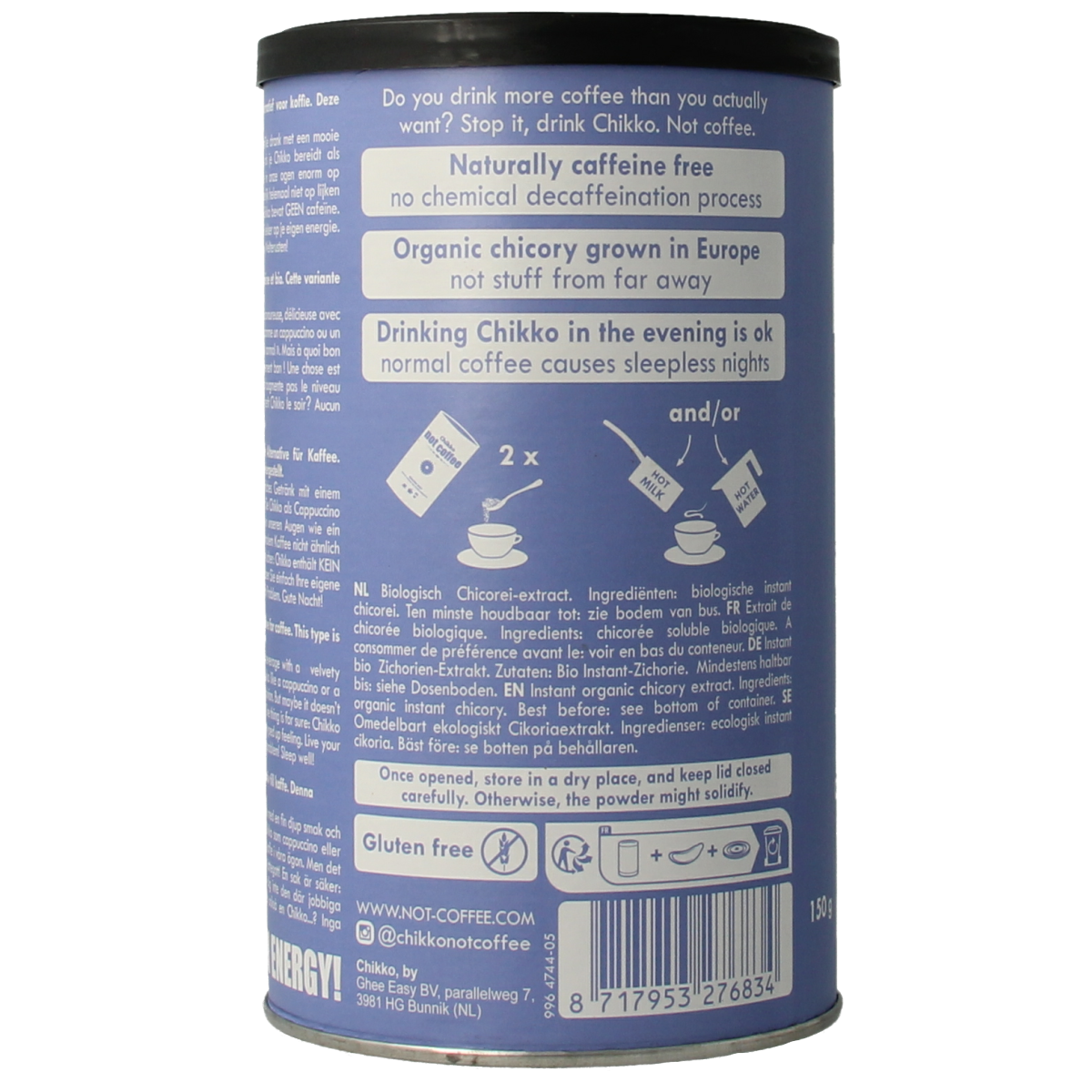 Chikko Not Coffee Chikorei geroosterd bio, 150g, organic roasted coffee substitute in a resealable bag, natural and caffeine-free.