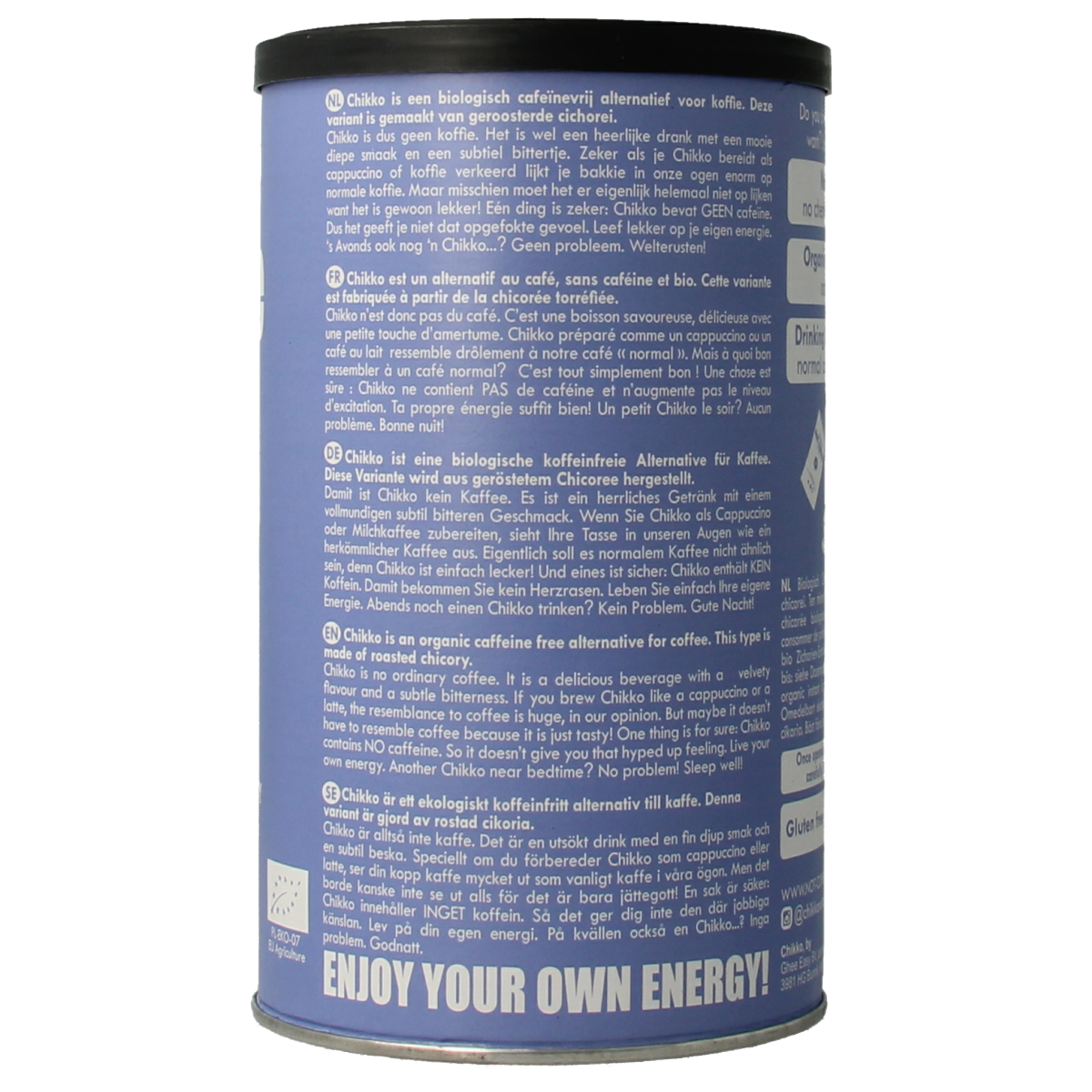 Chikko bio roasted chicory coffee in 150g package, natural caffeine alternative, with a dark roasted appearance.