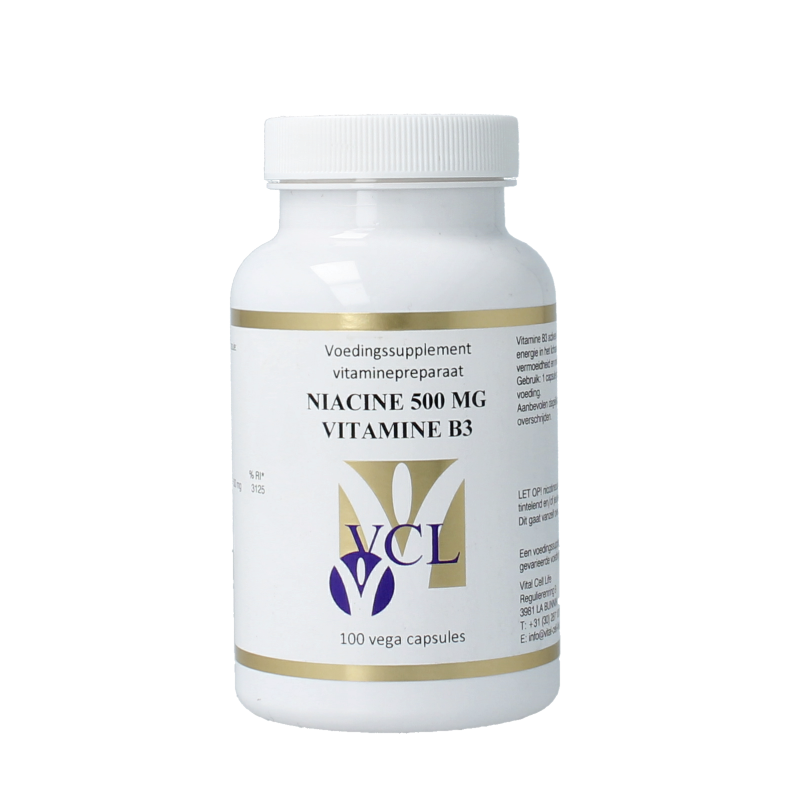 Vital Cell Life Vitamin B3 niacin 500mg capsules, dietary supplement in a blister pack showing 100 capsules.