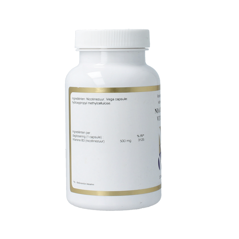 Vital Cell Life Vitamin B3 niacin 500mg capsules, close-up shot of 100 capsules in a bottle, dietary supplement for health.