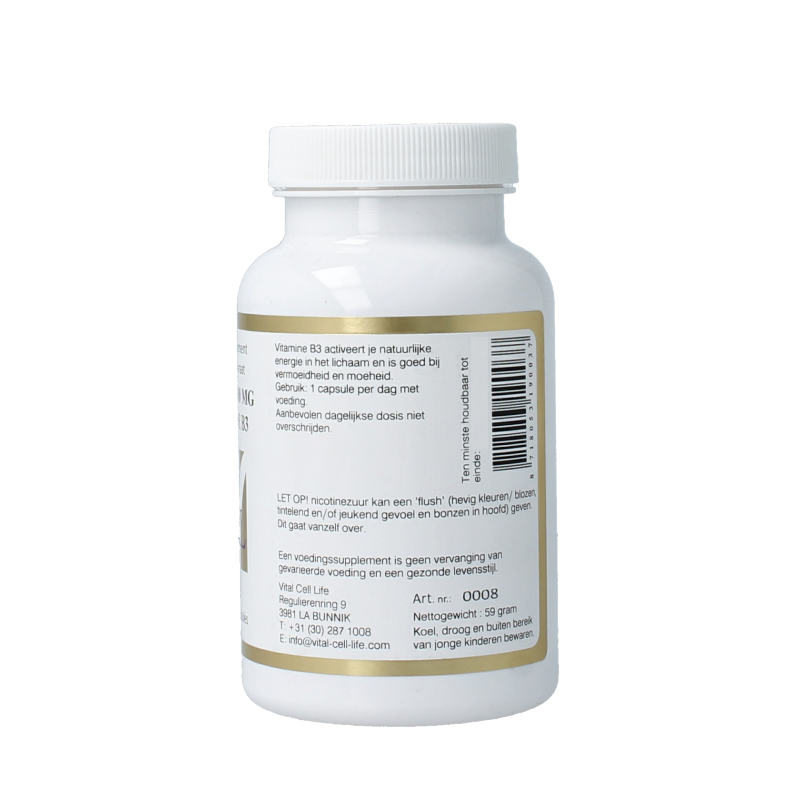 Vital Cell Life Vitamin B3 Niacin 500mg capsules, close-up of 100 capsules in a container, supplement for energy and skin health.