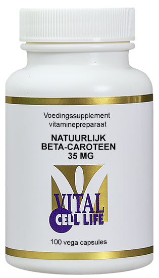 Vital Cell Life Beta Carotene 35mg vitamin A capsules, 100 count, displayed in a blister pack with orange capsules visible.