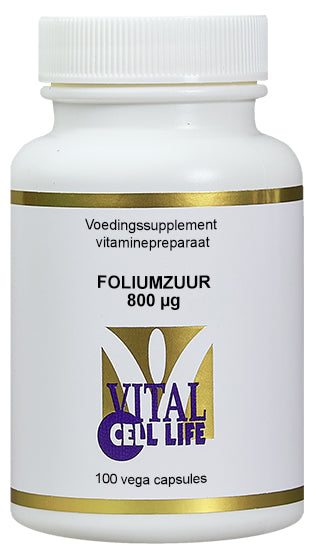 Vital Cell Life Foliumzuur 800 mcg B9 vegetarian capsules, close-up of the supplement bottle and capsules in the image.