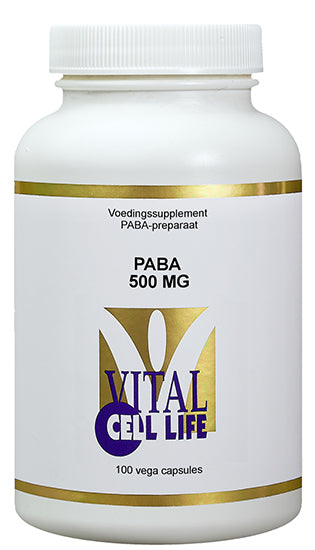 Vital Cell Life PABA 500mg vegetarian capsules, dietary supplement with 100 capsules, supporting cell health and vitality.