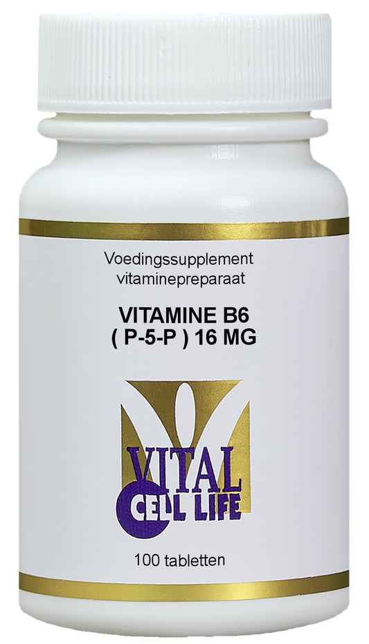 Vital Cell Life Vitamin B6 P-5-P 16mg tablets, close-up of the supplement bottle with tablets inside.