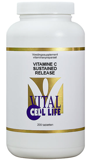 Vital Cell Life Vitamin C sustained release tablets, 200 count, showing the orange-colored tablets in a blister pack.