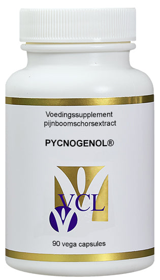 Vital Cell Life Pycnogenol vegetarian capsules in a bottle, herbal supplement for antioxidant support.