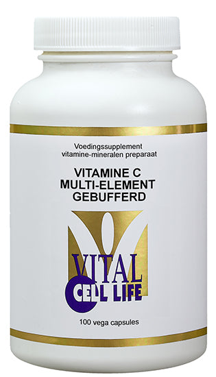 Vital Cell Life Vitamin C multi-element buffered supplement in a 100-capsule bottle, shown with capsules in a container.