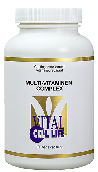Vital Cell Life multivitamin complex in vegetarian capsules, showing the colorful supplement capsules in a clear bottle.