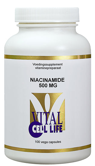 Vital Cell Life Niacinamide Vitamin B3 capsules, vegetarian dietary supplement, with a transparent bottle and capsules inside.