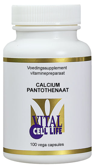 Vital Cell Life Vitamin B5 capsules in a bottle, supplement for energy and skin health, 200mg, 100 capsules.