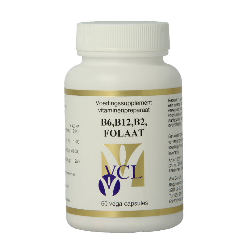 Vital Cell Life B6, B12, B2, and folate multivitamin capsules in a white bottle with 60 capsules.