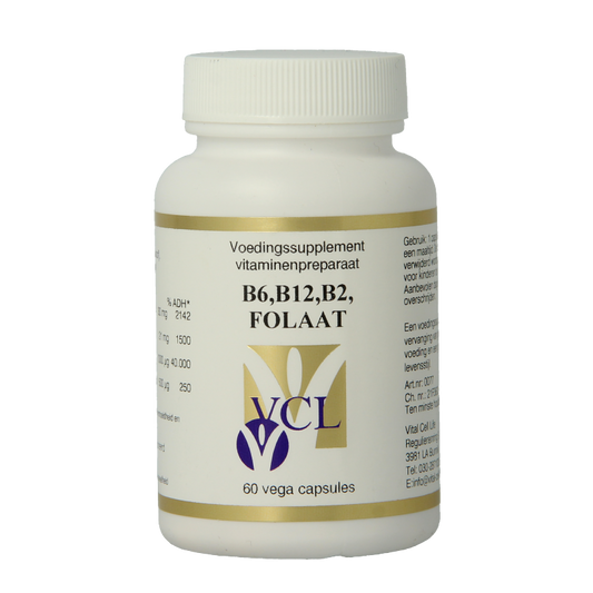 Vital Cell Life B6, B12, B2, and folate multivitamin capsules in a white bottle with 60 capsules.