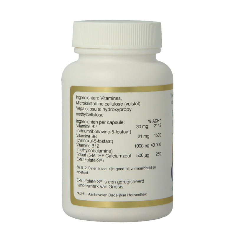 Vital Cell Life multivitamin capsules with B6, B12, B2, and folate in a clear plastic bottle, labeled with product details.