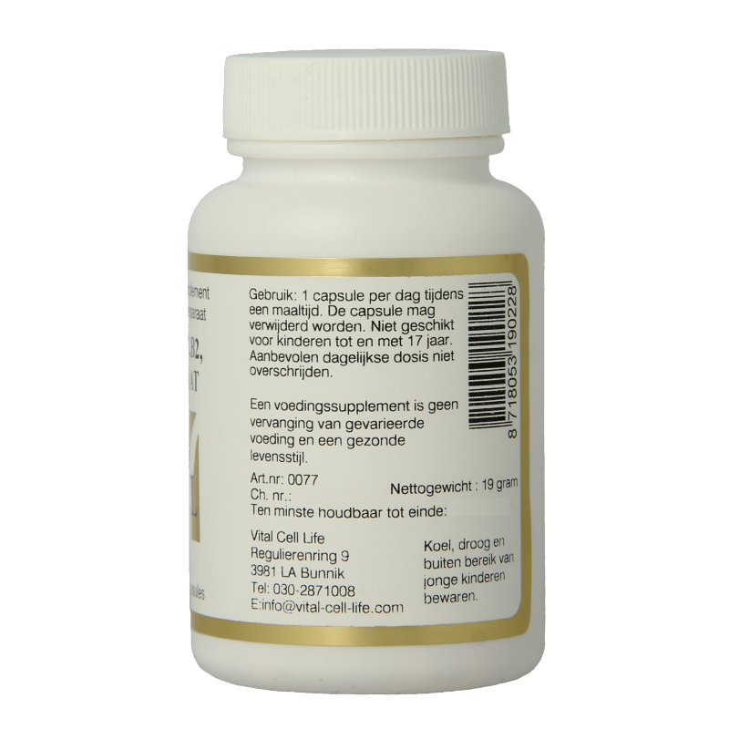 Vital Cell Life Vitamin B6, B12, B2, and folate capsules, dietary supplement in a bottle, close-up of 60 capsules.