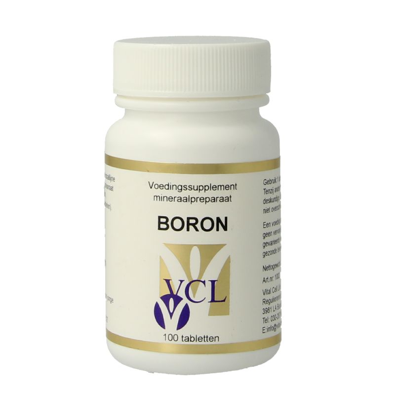 Vital Cell Life Boron 4mg mineral supplement tablets, close-up of 100 tablets in blister pack.