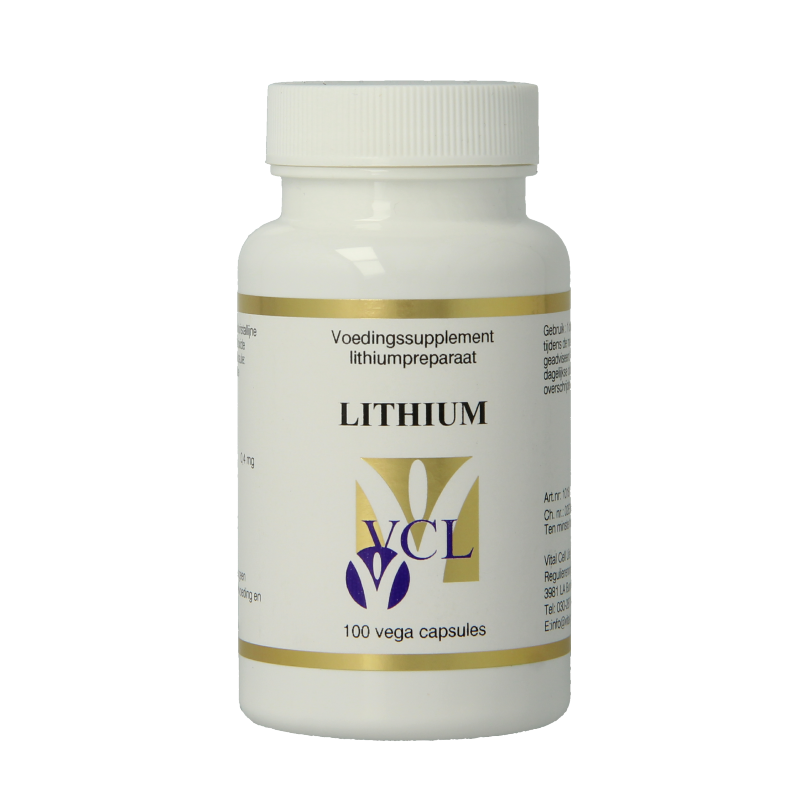 Vital Cell Life Lithium 400 mcg vegetarian capsules, mineral supplement in a clear bottle with capsules visible.