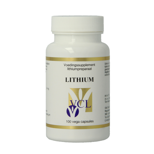 Vital Cell Life Lithium 400 mcg vegetarian capsules, mineral supplement in a clear bottle with capsules visible.