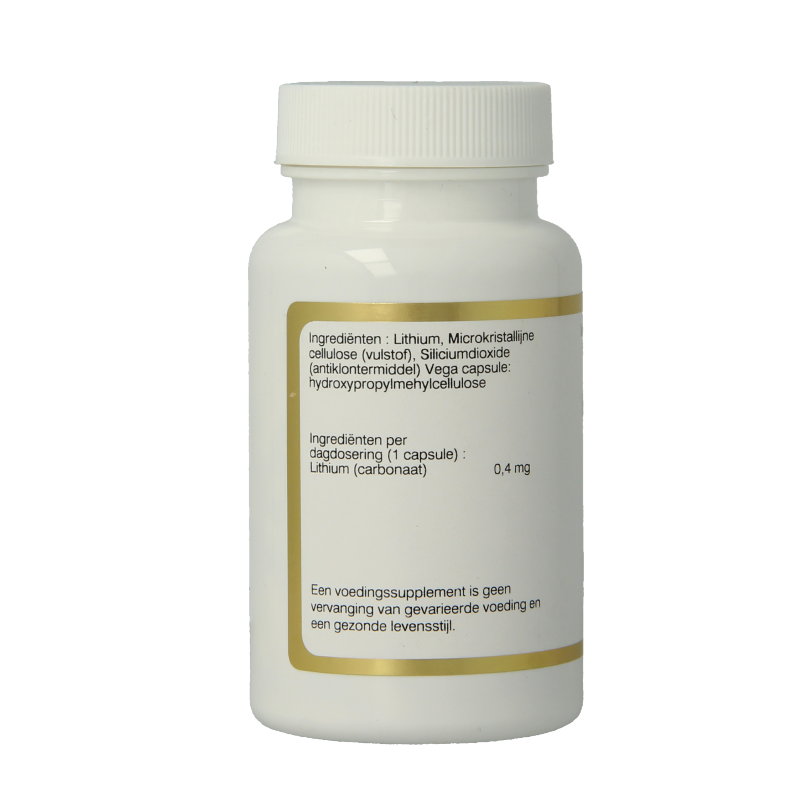 Vital Cell Life Lithium 400 mcg mineral capsules in a bottle, showing 100 vegetarian capsules for health and wellness.