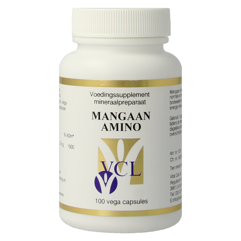 Vital Cell Life Mangaan amino mineral capsules, 30mg, vegetarian supplement in a bottle with 100 capsules.