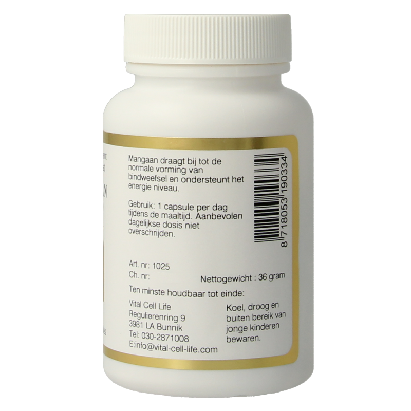 Vital Cell Life Mangaan amino mineral capsules, 30mg, 100 vegetarian capsules, close-up of the supplement bottle.