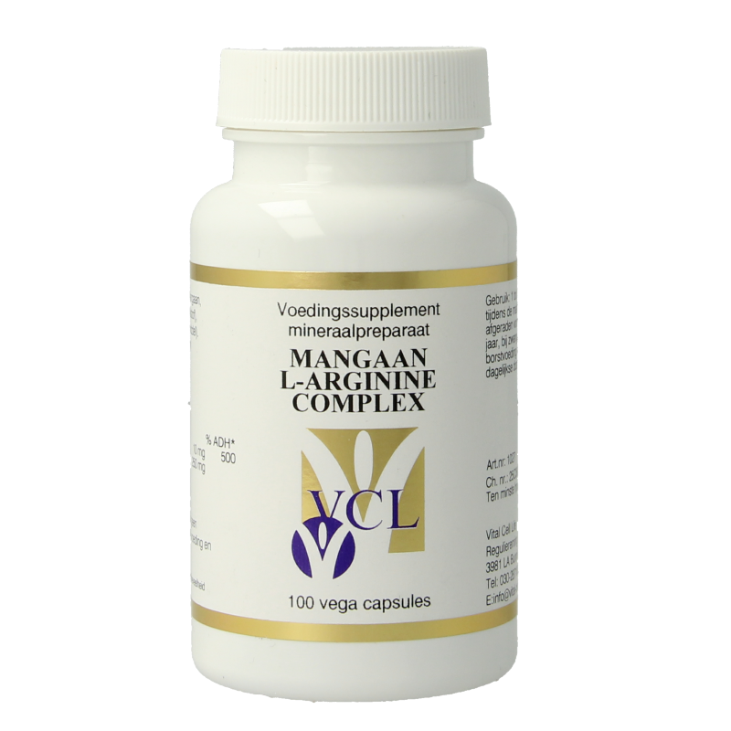 Vital Cell Life Mangaan/L-Arginine complex mineral capsules, vegetarian supplement with L-Arginine for overall health support.