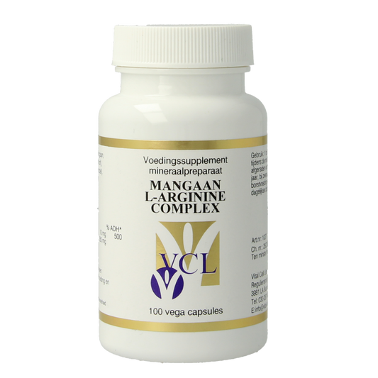 Vital Cell Life Mangaan/L-Arginine complex mineral capsules, vegetarian supplement with L-Arginine for overall health support.