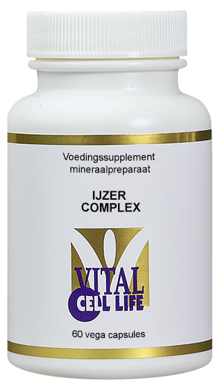 Vital Cell Life IJzer complex vegetarian capsules, mineral supplement in a clear bottle with capsules visible.