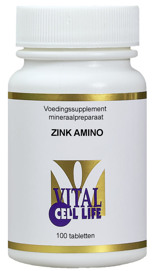 Vital Cell Life Zink amino 15mg mineral supplement tablets in a blister pack, showing the product packaging and tablets.