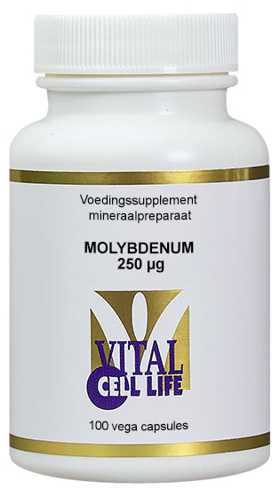 Vital Cell Life Molybdenum 250 mcg mineral capsules in a bottle, dietary supplement for mineral support.