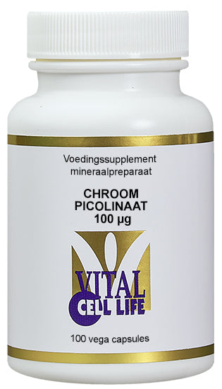 Vital Cell Life mineral supplement bottle of 100 capsules containing chromium picolinate 100 mcg, shown with label details.