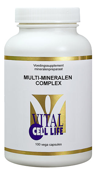 Vital Cell Life Multi Mineralen complex capsules, a dietary supplement with 100 capsules, showing the bottle and label.